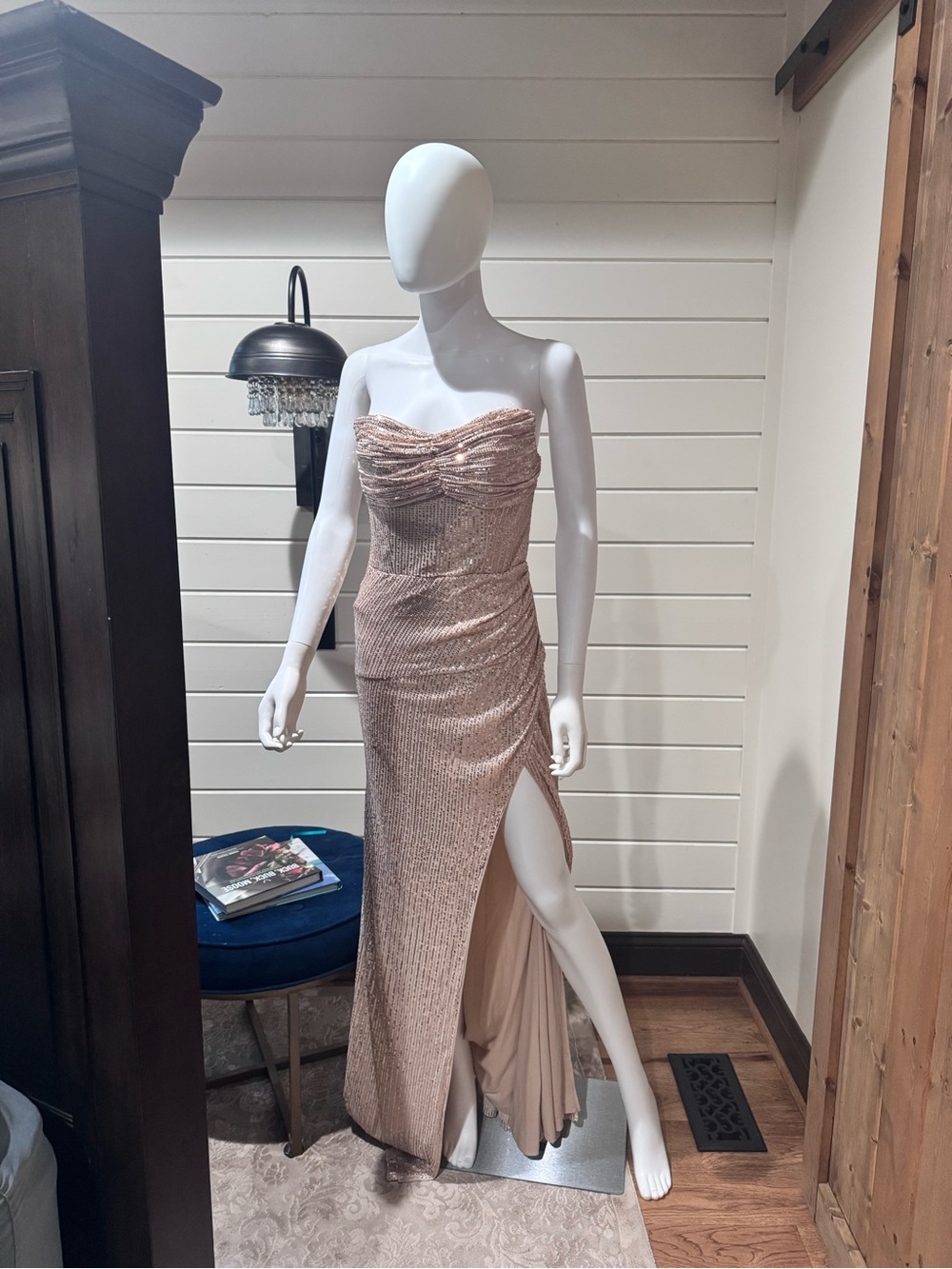 Strapless Blush Sequin Evening Gown with High Slit
